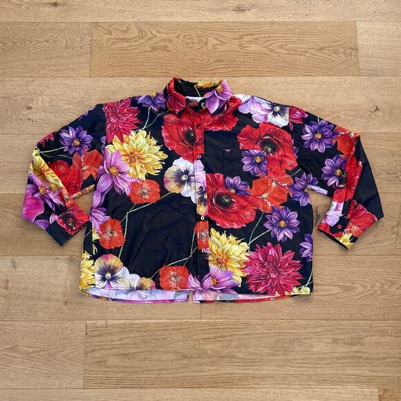 The Wolf Gang Lounge Shirt Hibiscus Indiana Size L Blooms Noir Floral Multicolor - Picture 1 of 6